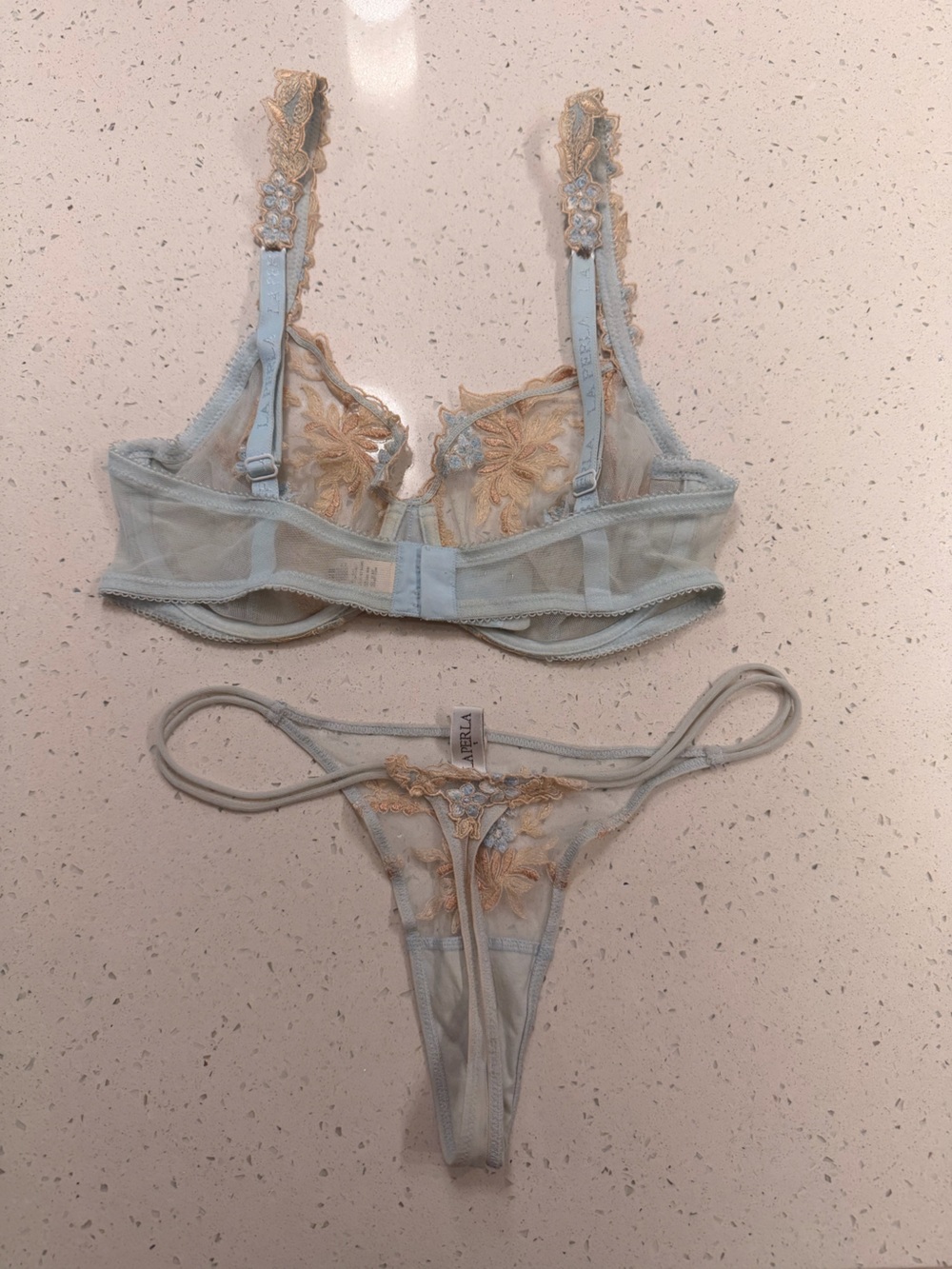 La Perla Powder Blue Sheer Embroidered Bra & Thong Set - Picture 2 of 5